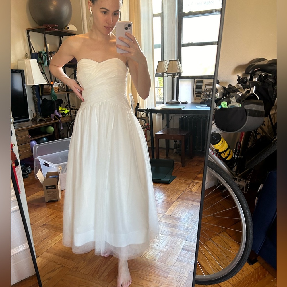 ML Monique Lhuillier brand white chiffon tea length bridal second look!
